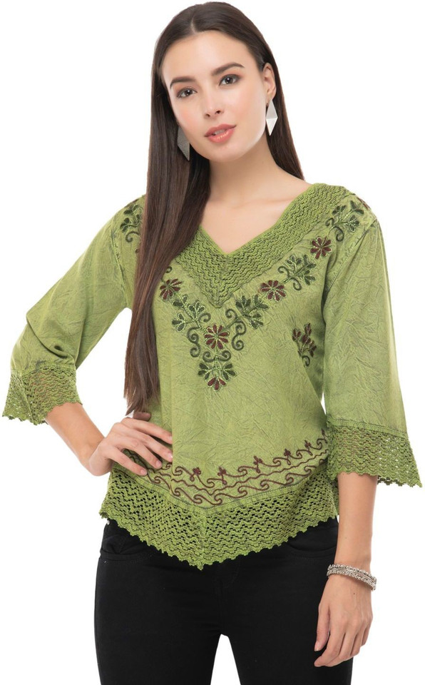 SAAKAA Casual Regular Sleeve Embroidered Women Green Top - Buy SAAKAA Casual Regular Sleeve Embroidered Women Green Top Online at Best Prices in India | Flipkart.com