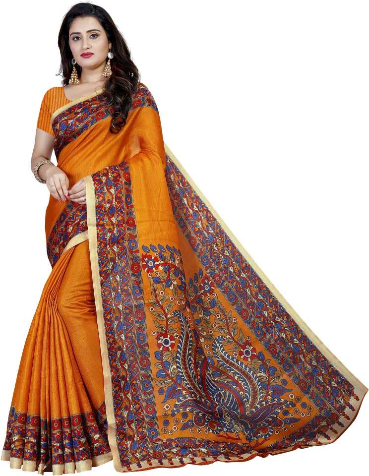 Printed Kalamkari Cotton Blend Saree (Orange)
