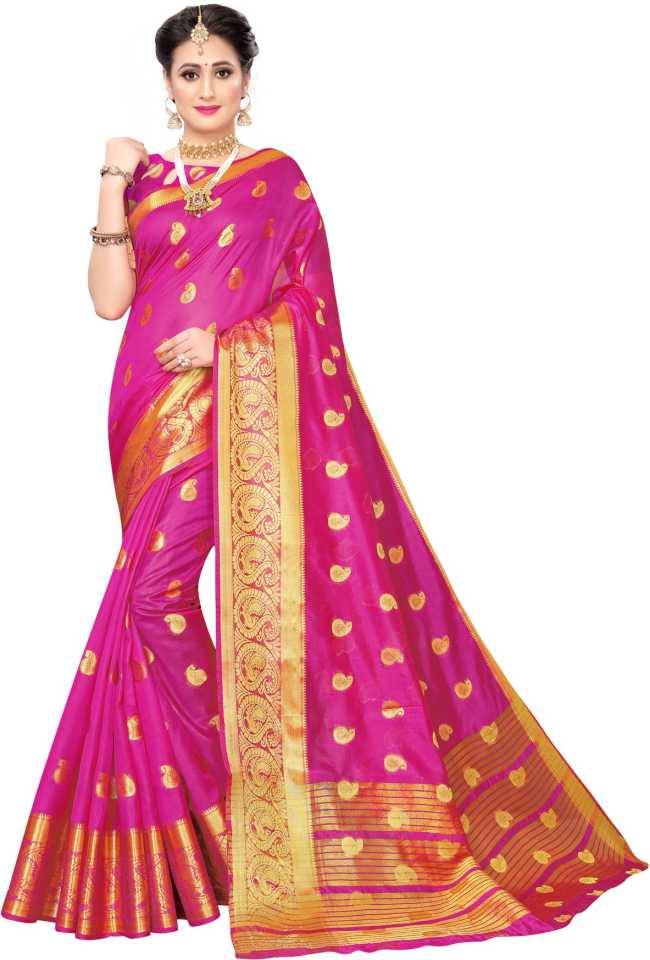 Woven Kanjivaram Poly Chanderi, Cotton Silk Saree Pink