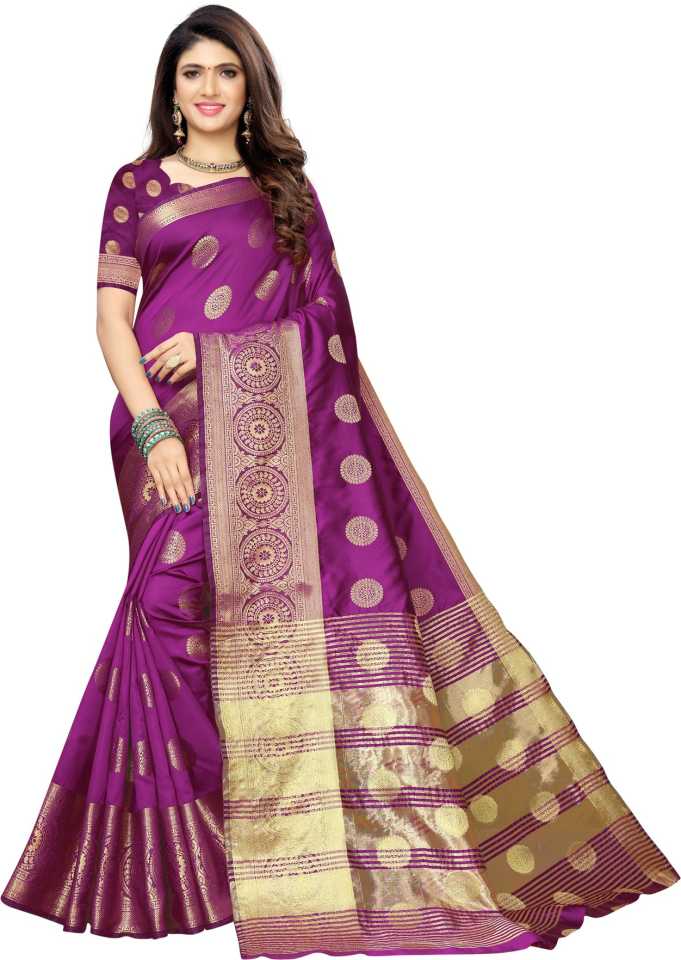 Woven Kanjivaram Silk Blend, Jacquard Saree Purple