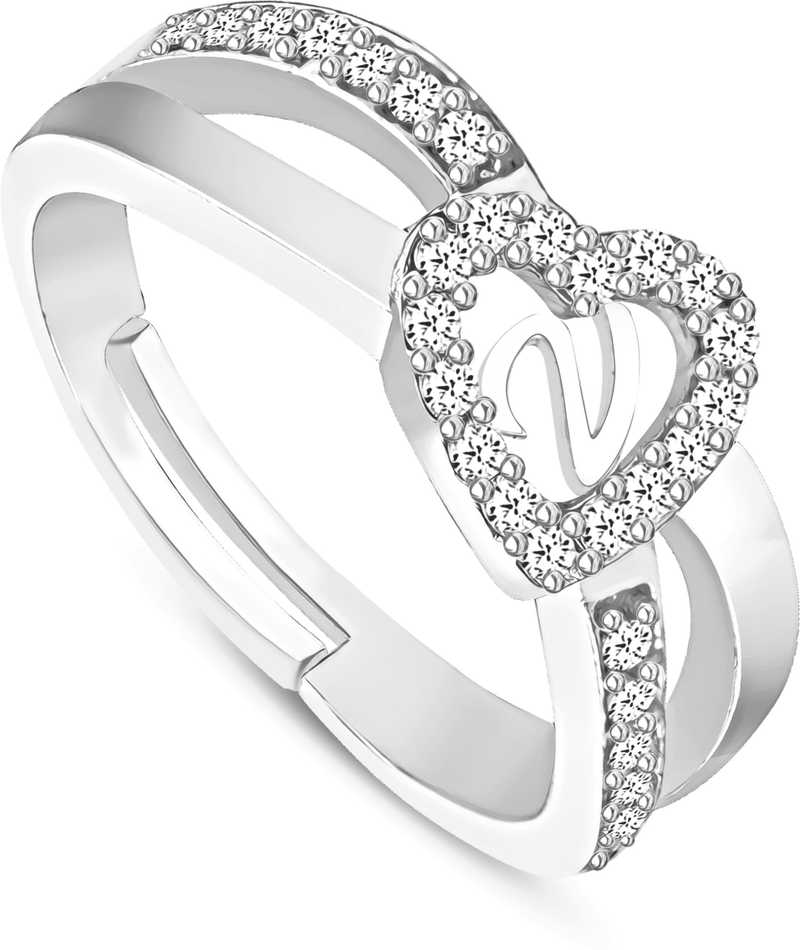 Kanak Jewels Valentine Love Letter V American Diamond Adjustable Heart Silver Gold Initial Name Alphabet Ring For Women Girls Girlfriend Men Boys Couples Lovers Design Ring Brass Cubic Zirconia Silver Plated Ring