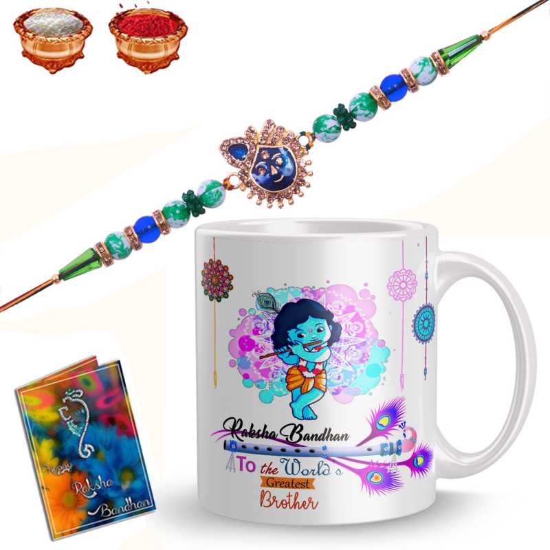 rakhi For brother plakasha creations Religious Rakhi, Mug, Greeting Card, Chawal Roli Pack  Set  (1 Designer Rakhi , 1 Designer Printed Mug ,1 Small Greeting Card, Roli Chawal Pack)