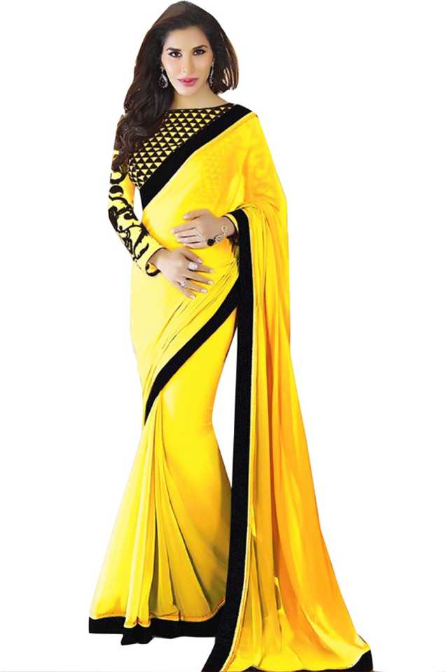 Buy Wowcreation Solid Bollywood Poly Georgette Black Yellow