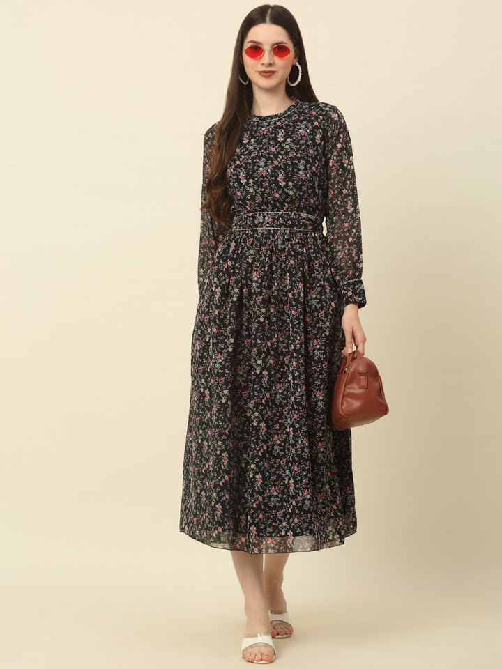 Shobhangi Women Fit and Flare Multicolor Midi/Calf Length Dress - Buy Shobhangi Women Fit and Flare Multicolor Midi/Calf Length Dress Online at Best Prices in India | Flipkart.com