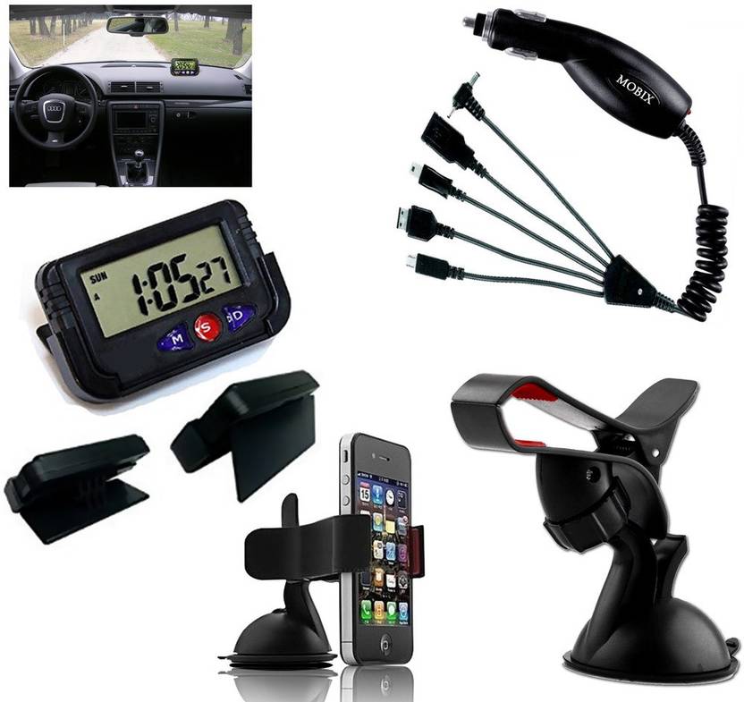 Auto Pearl 1pcs Dash Board Clock 1pcs Mobix Car Charger 1pcs Car Mobile Stand Combo