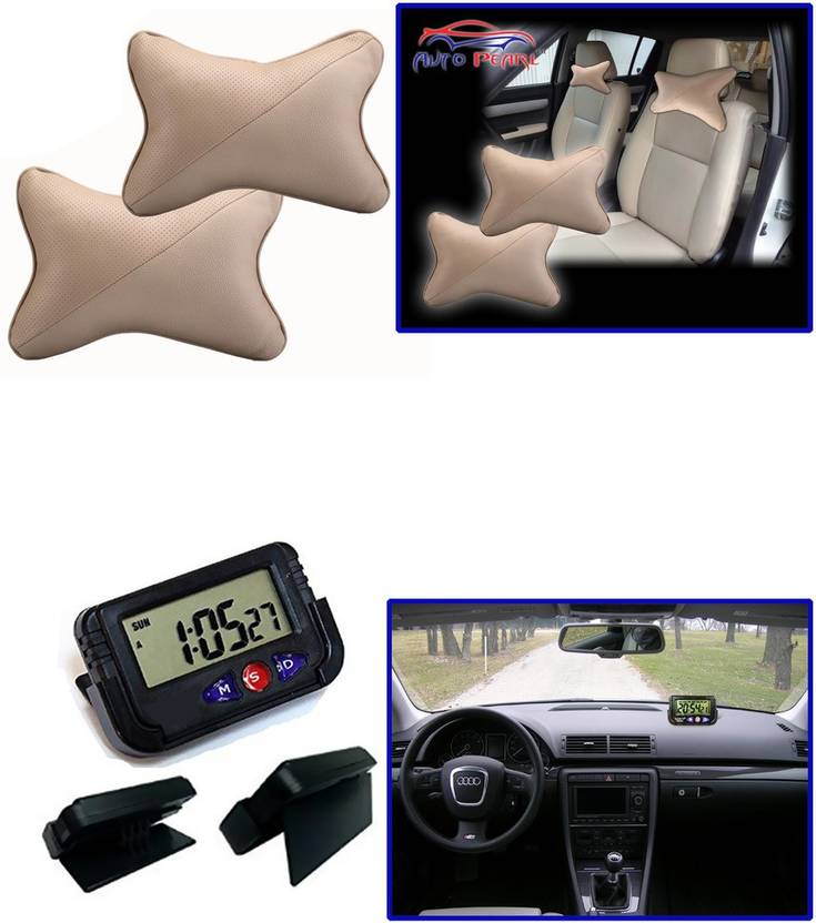 Auto Pearl 1pcs Neck Rest Beige 1pcs Dash Board Clock Combo