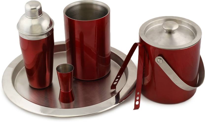 King International Red Ice Bucket Wine Cooler Peg Measure Tong King International Red Ice Bucket Wine Cooler Peg Measure Tong Bar Tray