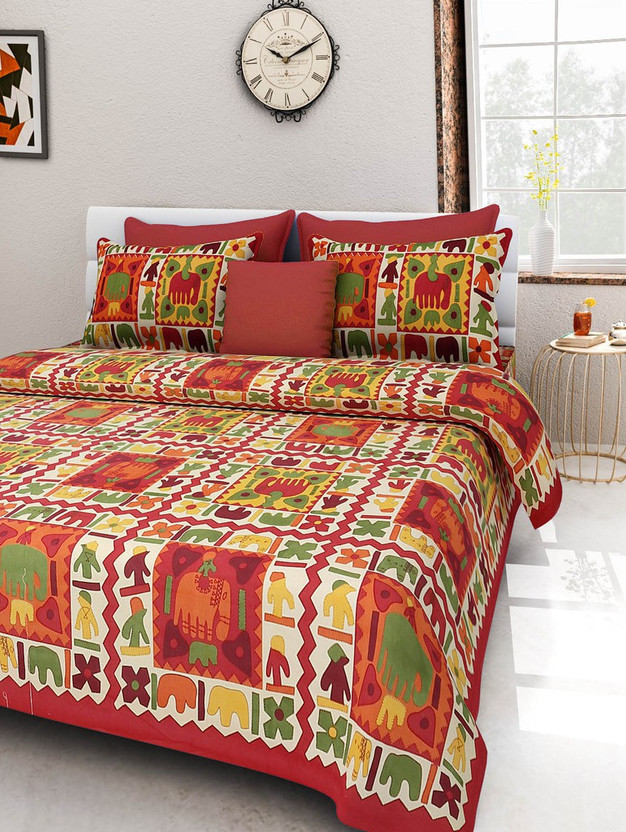 Bombay Spreads Cotton Double Flat 120 TC Printed 1 Bedsheet with 2 Pillow Covers(Red)