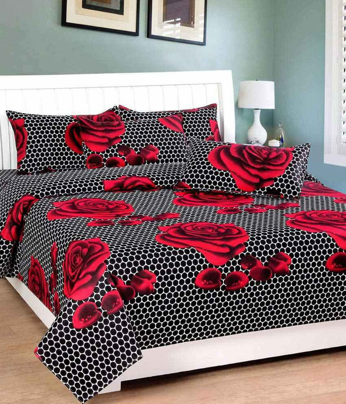Panipat Textile Hub Cotton Double Flat 144 TC Floral 1 Bedsheet with 2 Pillow Covers(Multi Red ROSE)