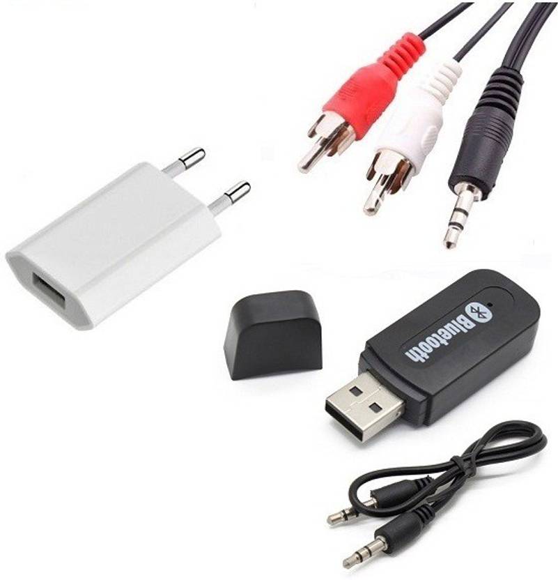 Techvik Combo of Car Bluetooth Music Audio Receiver, AUX male to 2 RCA