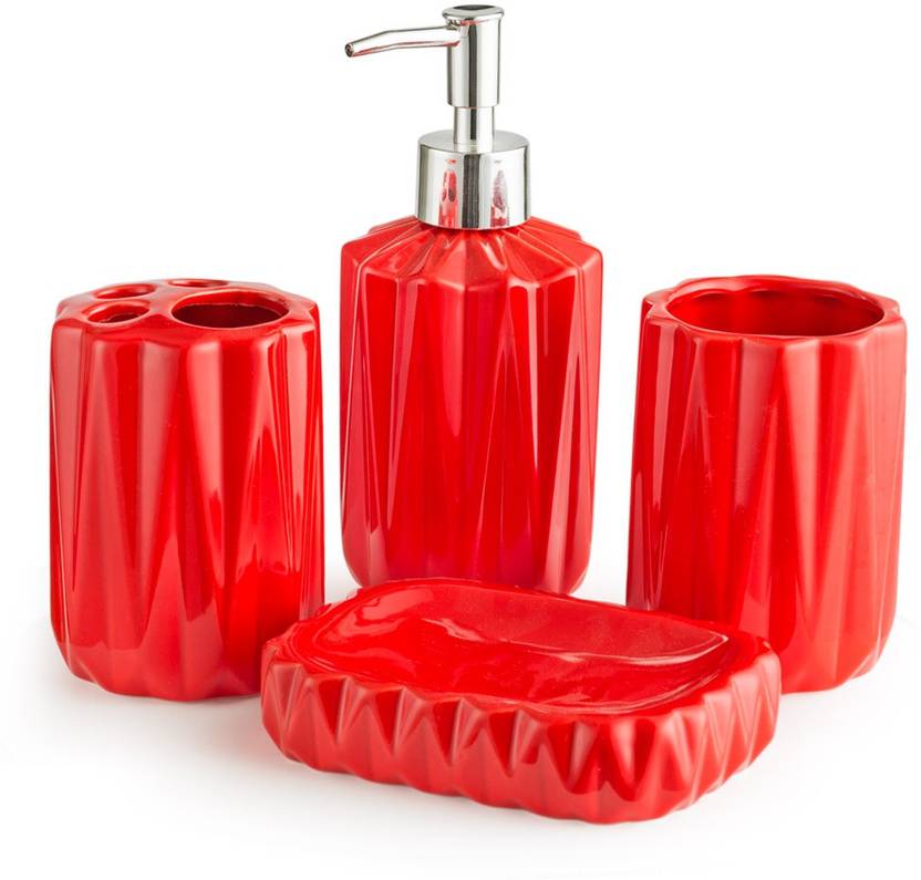 Chumbak Ruby Red Bathware Set Ceramic Plastic Bathroom