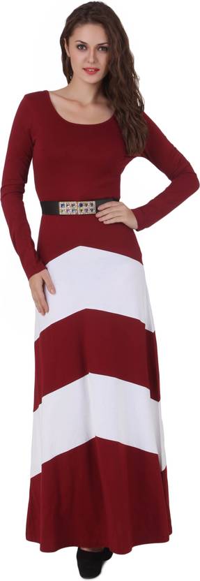 Texco Women's A-line Maroon, White Dress