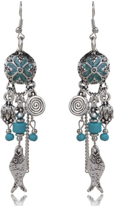 Sansar India Oil Painting Turquoise Beads Fish Flower Alloy Dangle Earring