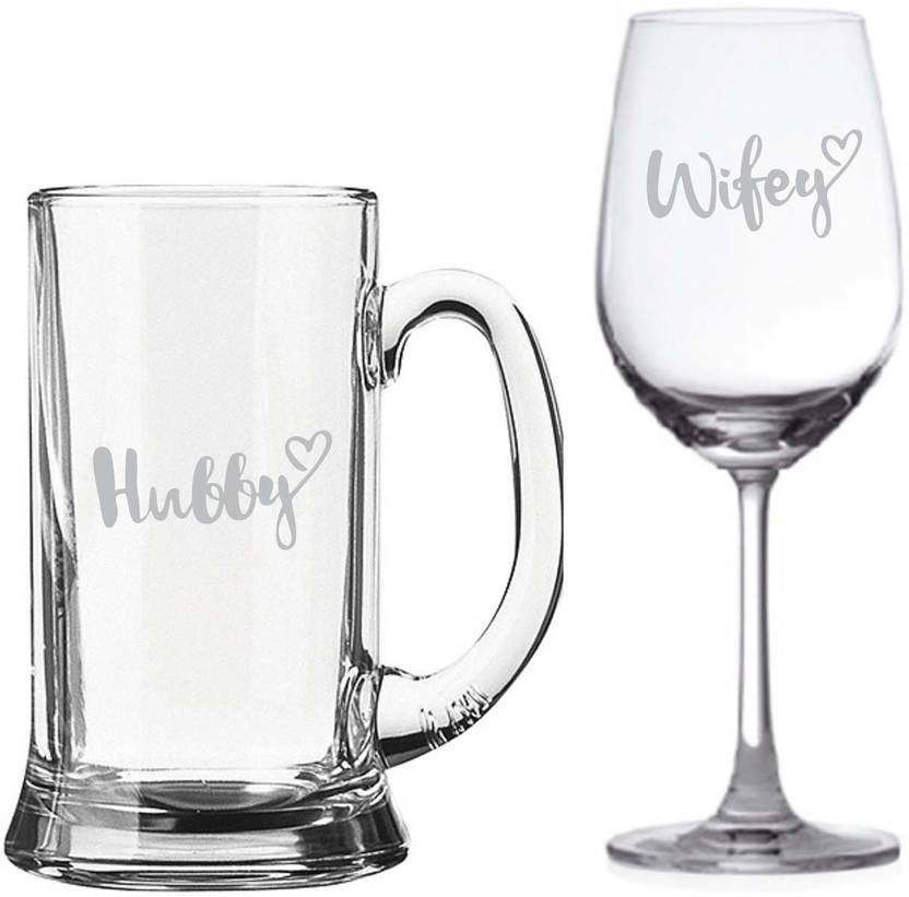Giftsmate Valentine Day Gifts Hubby Wifey Engraved Wine Glass Beer Mug Set