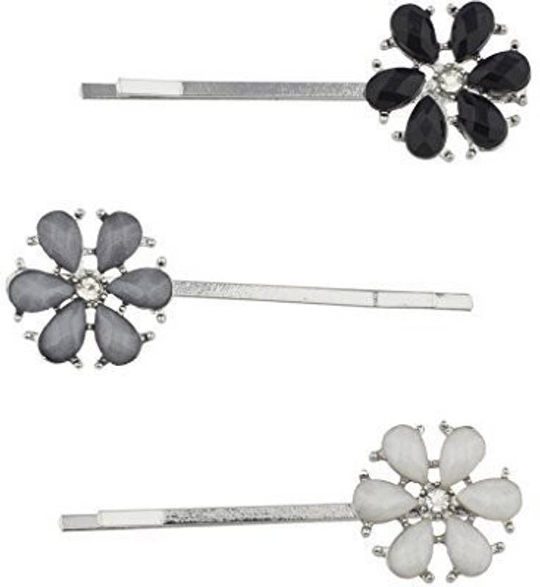 Lux Accessories White Grey Black Shimmer Stone Flower Bobby Pins