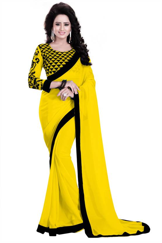 Buy Saumya Designer Solid Bollywood Georgette Black Yellow Sarees