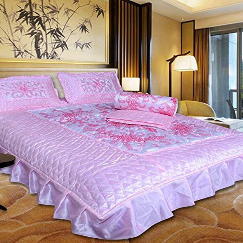 Chelsi Raw Silk Queen Sized Bedding Set(Pink, 1 Double Bedsheet, 2 Pillow Covers, 1 Ac Quilt)