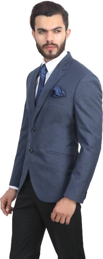 ManQ Solid Single Breasted Wedding, Formal Boy's Blazer (Blue)