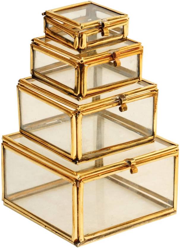 Pindia Set Of 4 Vintage Decorative Brass Glass Mini Square Jewellery Pindia Set Of 4 Vintage Decorative Brass Glass Mini Square Jewellery Organiser With Latching Lid