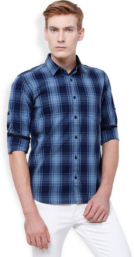 Highlander Men's Checkered Casual Dark Blue, Light Blue Shirt