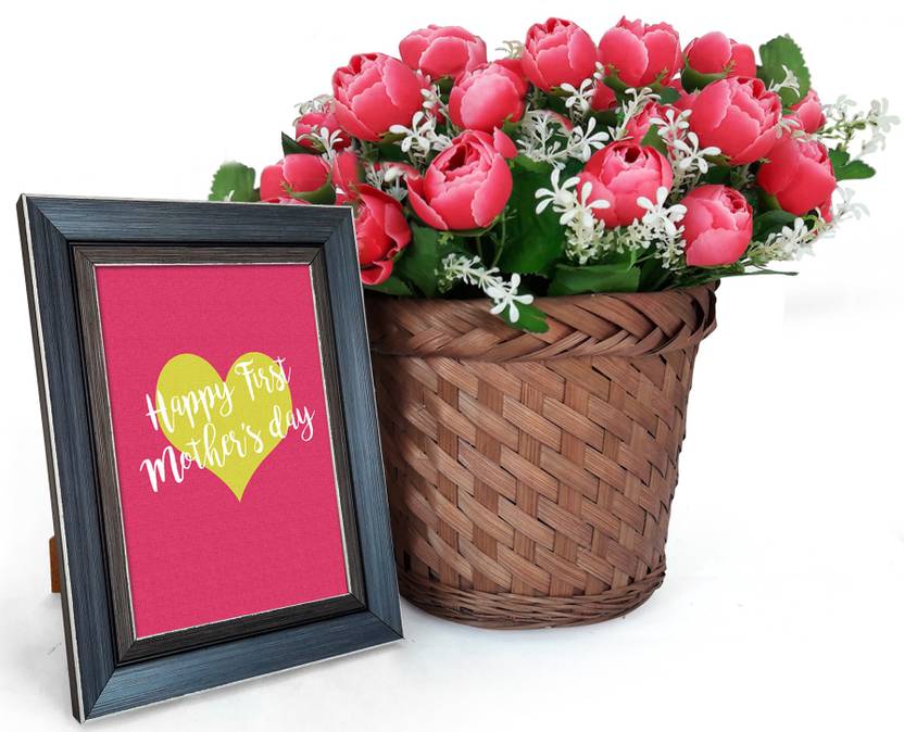 Tiedribbons Gift For Mom From Son Bamboo Bucket And Photo Frame With Tied Ribbons Artificial Flower Gift Set