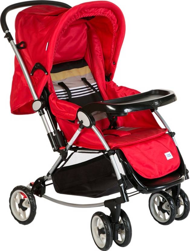 Meemee Premium Baby Pram With Rocker Function Rotating Wheels Adjustable Seat Red Pram