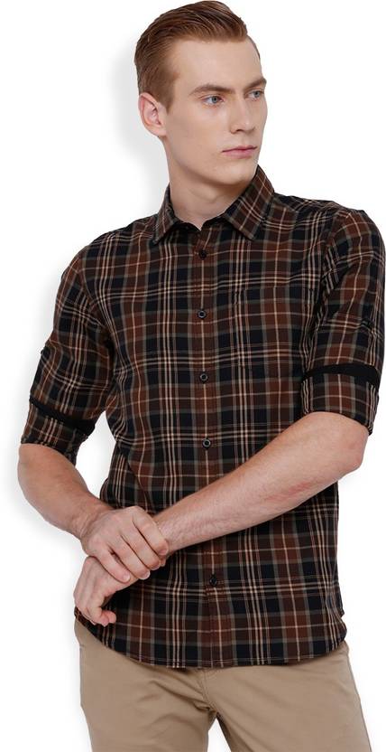 Highlander Men's Checkered Casual Black, Brown Shirt