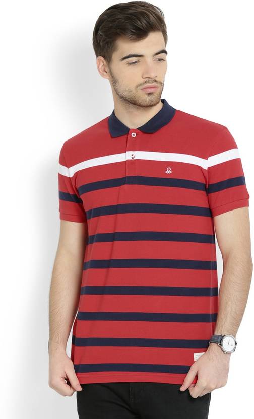 United Colors of Benetton Striped Men's Polo Neck Red T-Shirt