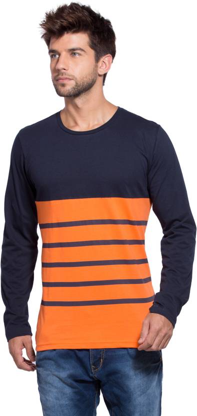 Alan Jones Striped Men's Round Neck Dark Blue, Orange T-Shirt