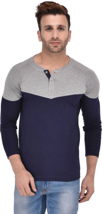 Big Idea Solid Men's Henley Grey, Dark Blue T-Shirt