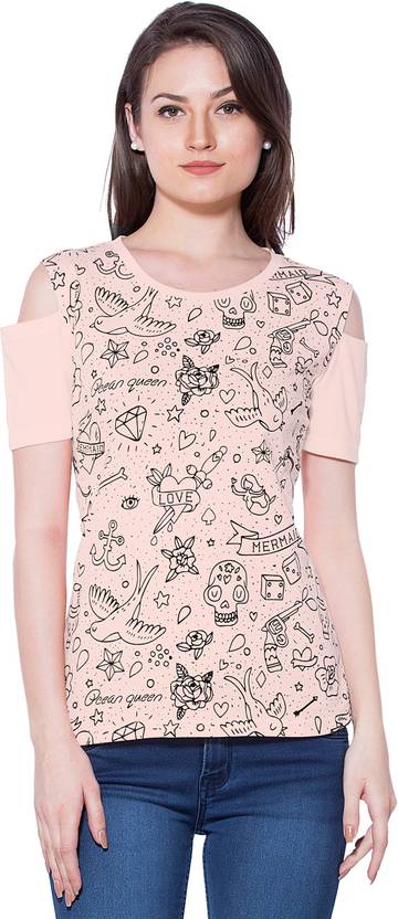 Maniac Casual Half Sleeve Printed Women's Pink Top