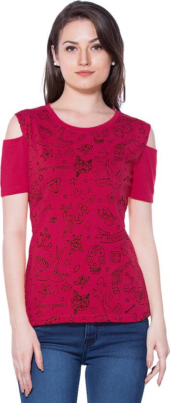 Maniac Casual Half Sleeve Printed Women's Maroon Top