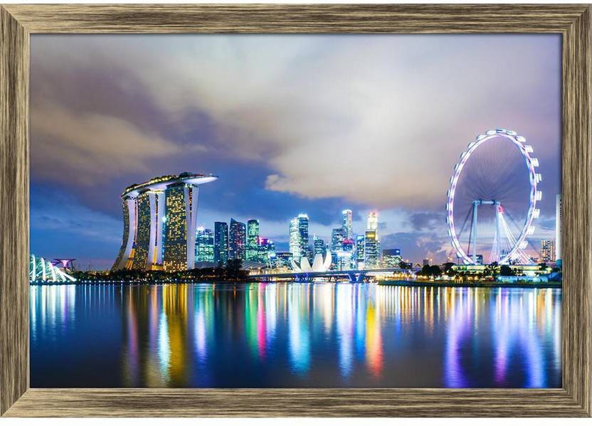 Artzfolio Singapore Skyline At Night Framed Wall Art Painting Print
