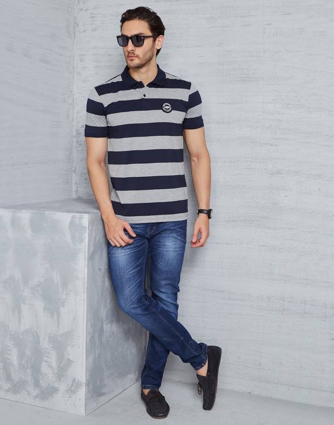 Metronaut Striped Men's Polo Neck Blue T-Shirt