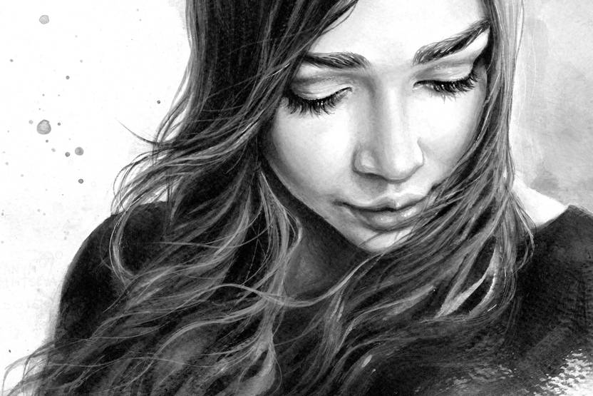 Black And White Portrait Of A Young Beautiful Girl With Long Hair