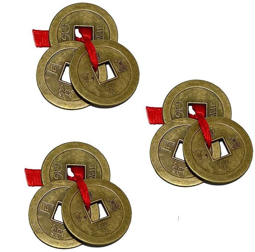 Atharv Enterprises Pack of 3 Feng Shui Three Lucky Chinese Coins with Red Ribbon For Money