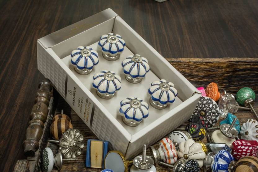 Casa Decor Set Of 6 Golden Stipe Blue Floral Flower Handmade