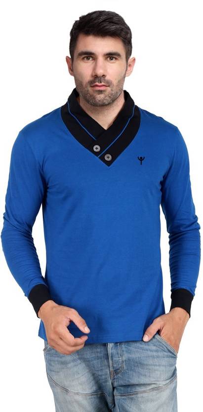 Yukth Solid Men V-neck Blue, Black T-Shirt