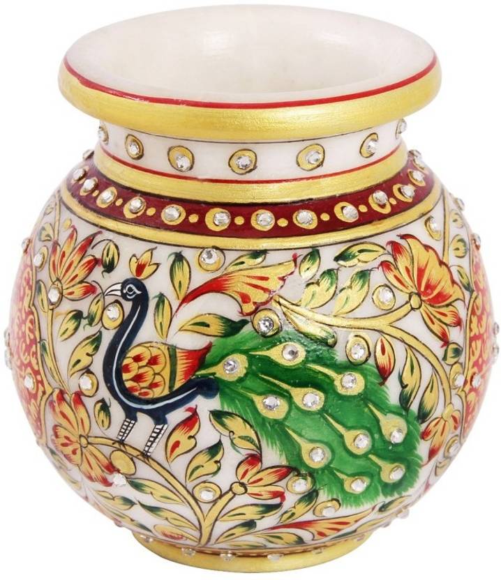 Handicrafts Paradise Round Flower Pot in marble with Peacock painted