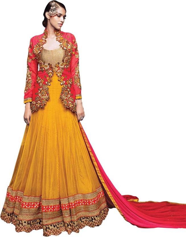 Saara Net Embellished, Embroidered Semi-stitched Gown, Salwar and Dupatta Material