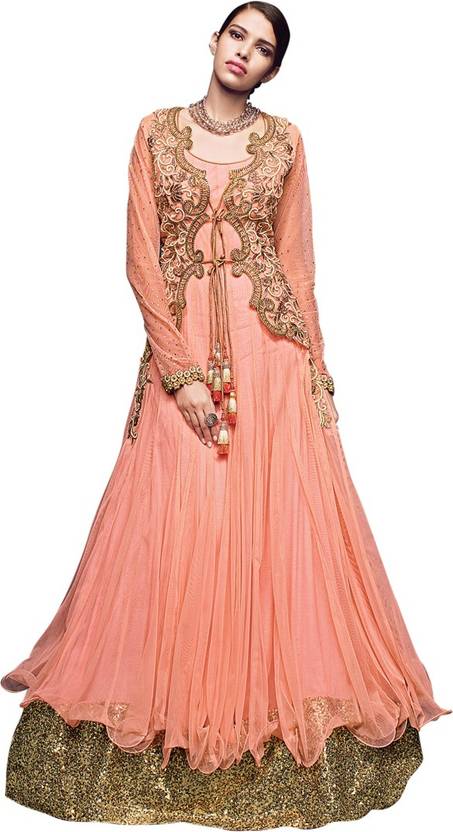 Saara Net Embellished, Embroidered Semi-stitched Gown, Salwar and Dupatta Material