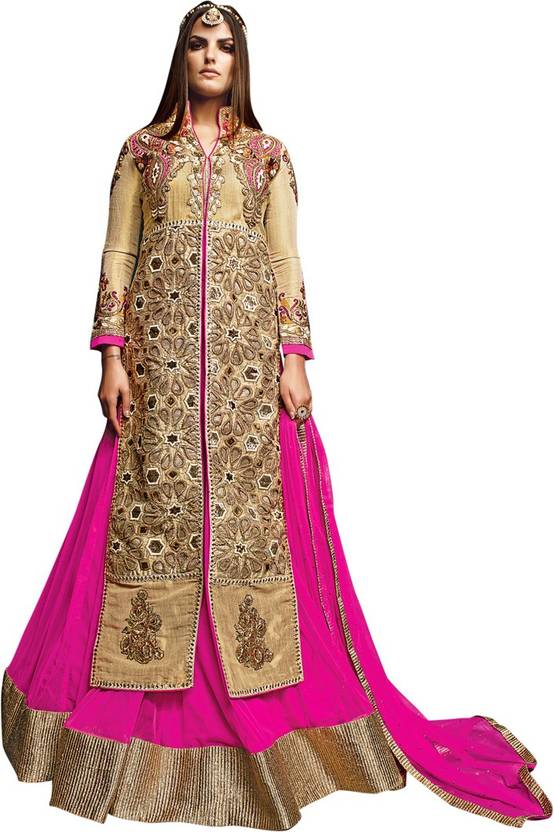Saara Net Embellished, Embroidered Semi-stitched Gown, Salwar and Dupatta Material