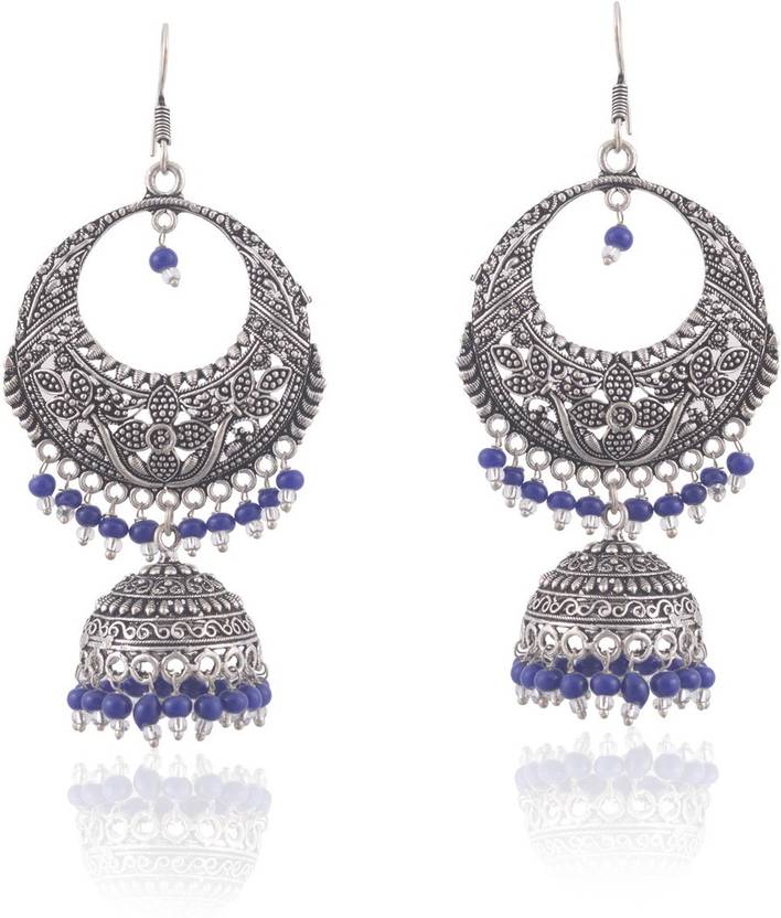 Flipkart Manaswita Black Metal Silver Oxidised Earring Manaswita Black Metal Silver Oxidised Earring Jhumki Dangler With Circular Pendant Design Blue Color White