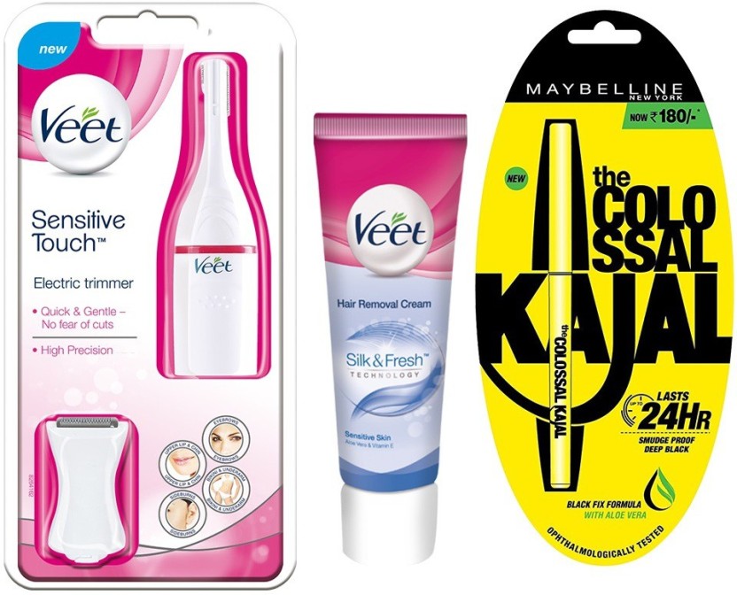 Veet Electric Trimmer+Veet Hair Removal Cream Sensitive Skin 100g+Maybelline Collosal Kajal Trimmer
