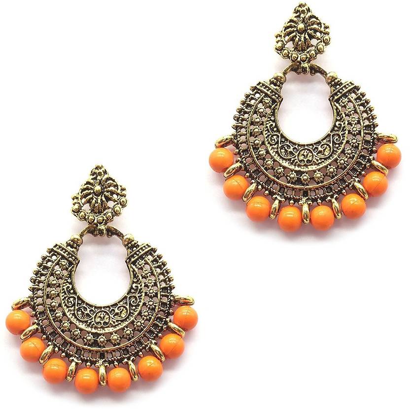 Page Large Vertical At Ikraft Oxidized German Gold Finish Chandbali Earrings With Orange Color Beads Antique Chandelier For Women