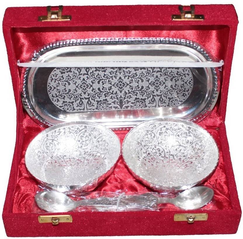 Blue Birds Unique Traditional German Silver Handmade Double Bowl Blue Birds Unique Traditional German Silver Handmade Double Bowl With Tray Spoon Set Of