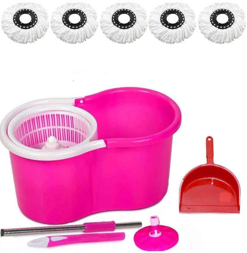CREZON CREATIVE SPIN BUCKET MOP With 5 microfibers With Duster ((RANDOM COLOR SENT GREEN, PINK