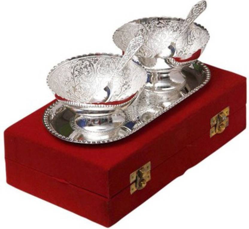 Blue Birds Antique Unique Traditional German Silver Double Bowl With Blue Birds Antique Unique Traditional German Silver Double Bowl With Plate Spoon Set Of