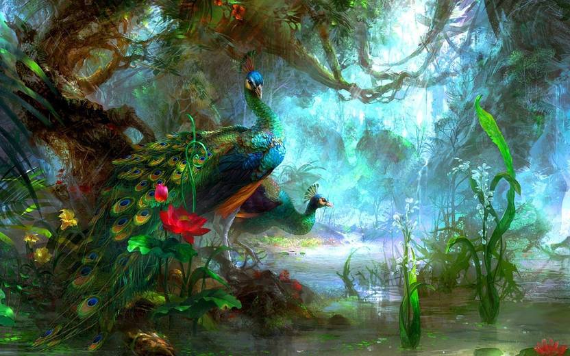 Digital Painting Peacocks Fantasy Art Birds Vines Forest
