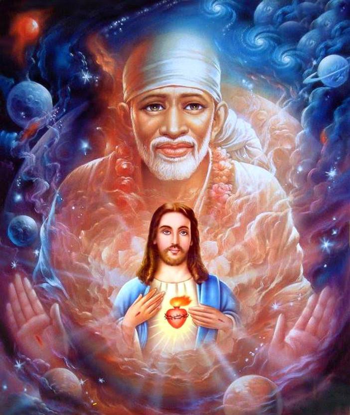 Sai baba with Jesus wallpaper on fine art paper 13x19 Paper Print Art